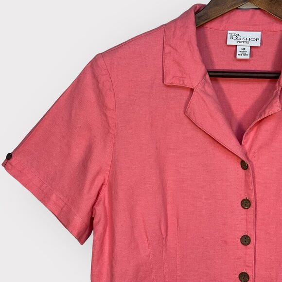 The TOG Shop Midi Shirt Dress Women Size 14P Pink Button Front Linen Blend - Picture 3 of 14
